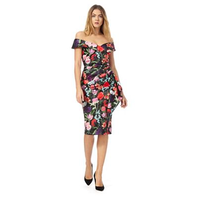Multi-coloured floral print off-shoulder dress